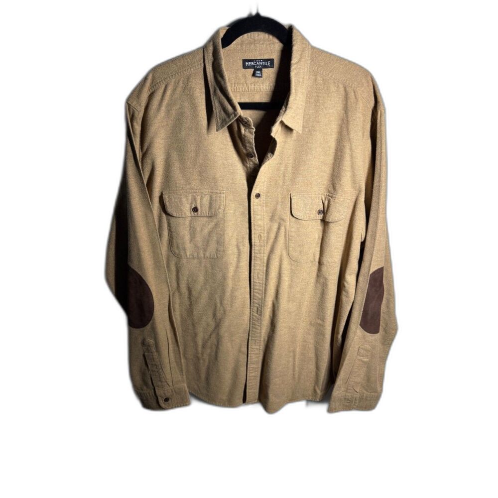 J.Crew Mercantile Flex Men’s XXL Tan Cotton Shirt Brown Elbow Patches